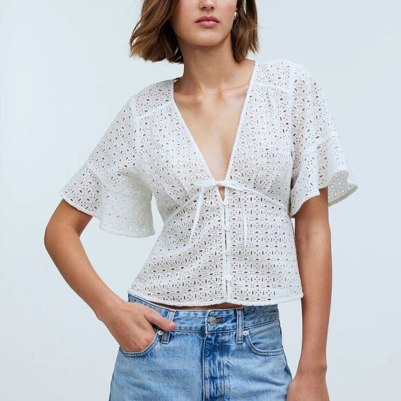 Madewell Tie-Front Top Embroidered Eyelet Flutter Sleeves Soft White NWT XXS - Picture 1 of 9